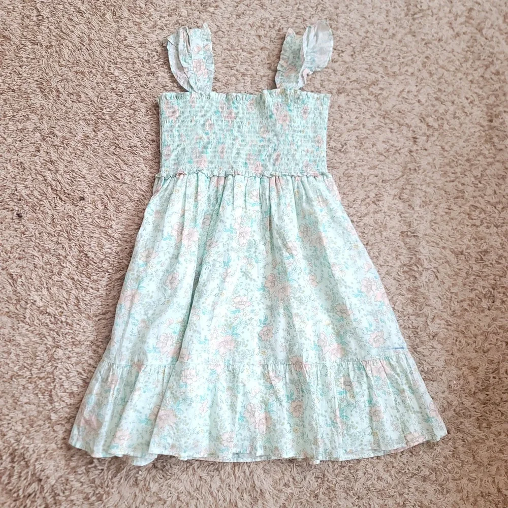 Janie and Jack Floral Sun Dress Girls 14 Mint Green Smocked Ruffle Tiered Cotton